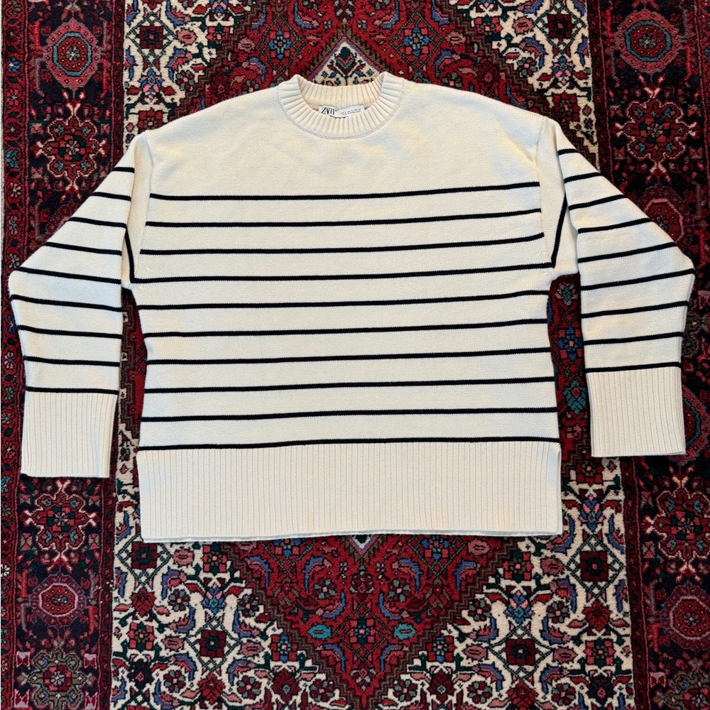 Marine-style Striped Cream & Navy Blue Sweater, v soft, S (good for M too)